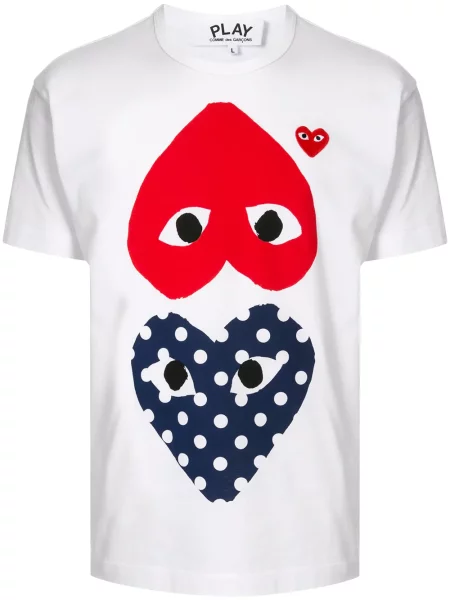 Tricou Comme Des Garcons Play cu imagine cu motiv cu inimi cu decolteu în U alb