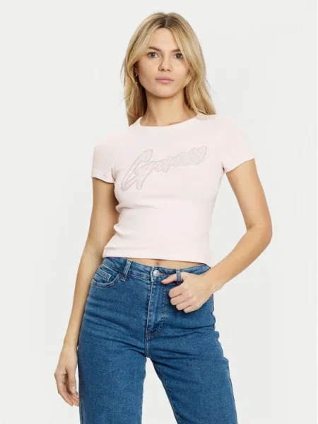 Guess Tricou Roz alb