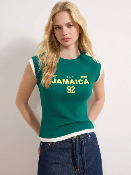 Trendyol Tricou galben miere / verde pin alb