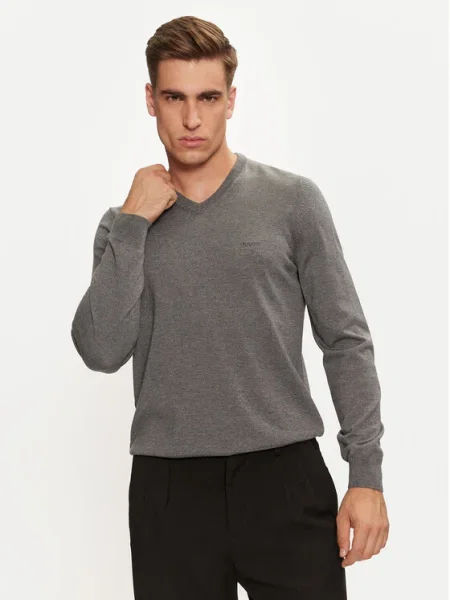 Вълнен пуловер BOSS мъжки от лека материя сиво