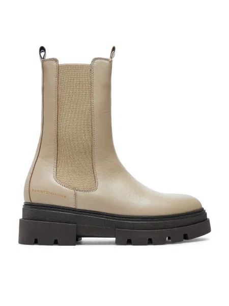 Кожени боти челси Tommy Hilfiger MONOCHROMATIC CHELSEA BOOT с равна подметка бежово