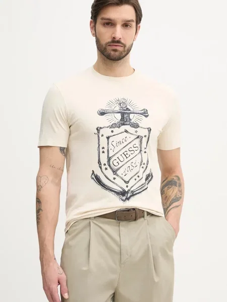 Тениска Guess с принт бежово