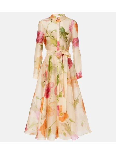 Rochie tip cămașă Carolina Herrera de mătase cu model floral de costum bej
