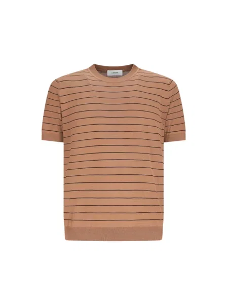 Sweter Lardini w paski z paskiem brązowy