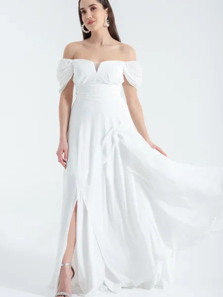 Rochie de seară Lafaba din tul cu crăpătură cu umerii deschiși alb