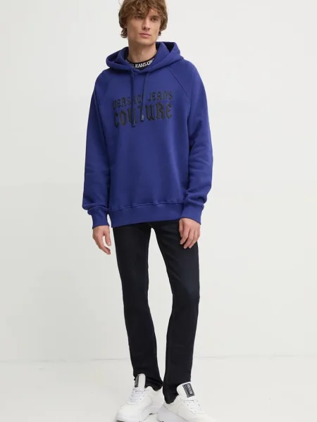 Mikina Versace Jeans Couture tmavomodrá s kapucí s potiskem