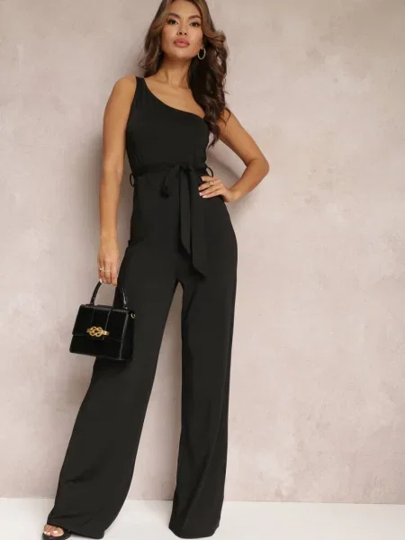 Asymetryczny Kombinezon z Szerokimi Nogawkami i Materiałowym Atara czarny