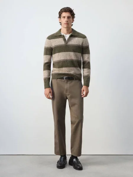 Sweter polo z mieszanki wełny i alpaki w paski oliwkowozielony Mężczyzna S MANGO MAN