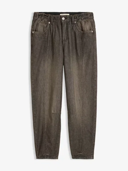 Jeansy typu barrel mid waist z wygodnym pasem szare