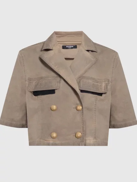 Джинсовий двобортний жакет кольору з ефектом потертості Balmain хакі