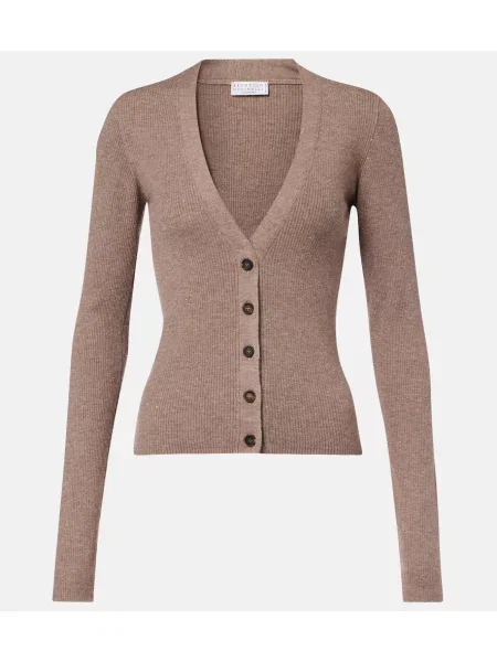 Dzianinowy kardigan Brunello Cucinelli prążkowany beżowy