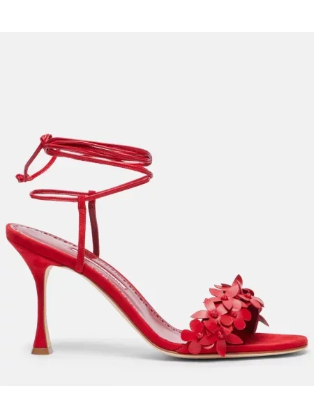 Semišové kvetinové sandále Manolo Blahnik červená