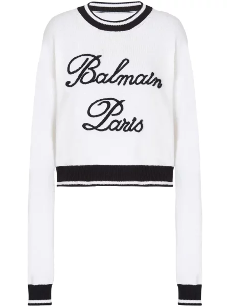 Pulover Balmain cu broderie cu decolteu rotund alb