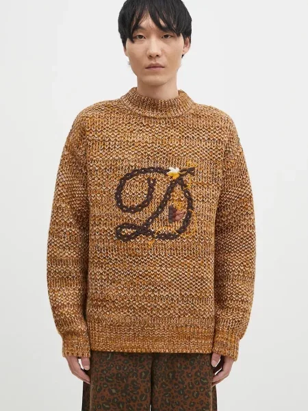 Drôle de Monsieur sweter wełniany La Maille D tressE ciepły z półgolfem brązowy