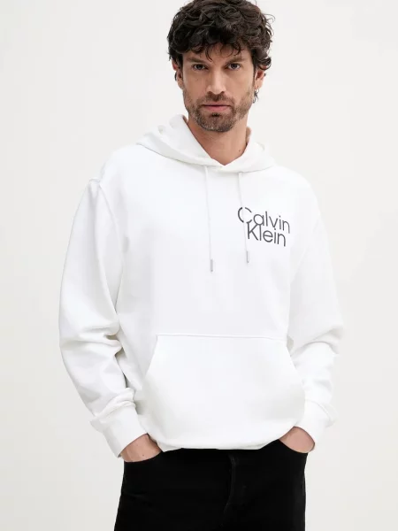 Суичър с качулка Calvin Klein с качулка с принт бяло