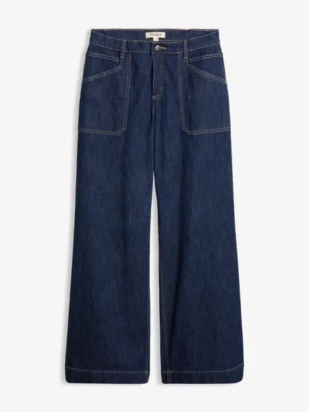 Jeansy mid waist z szerokimi nogawkami i naszywanymi niebieskie