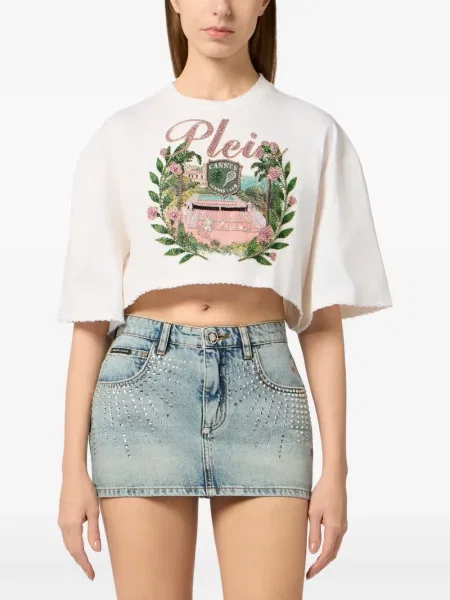 Stras decupat tricou Philipp Plein alb