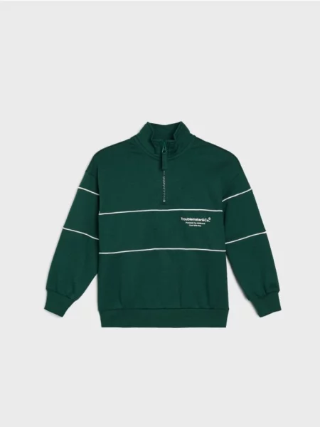 Sinsay Tepláková mikina half-zip s nápisem green spruce zelená