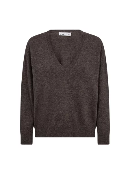 Sweter Haute L'amitié z dekoltem w serek brązowy