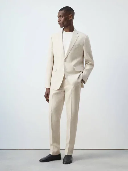 Marynarka garniturowa Amalfi slim fit z lnu kremowy / écru Mężczyzna 54 MANGO MAN