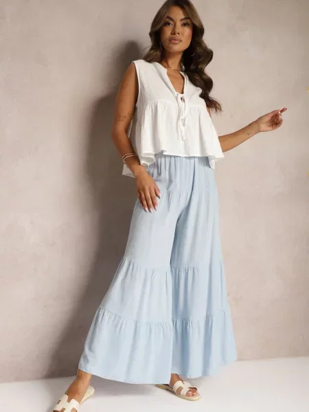 Jasnoniebieskie Spodnie z Szerokimi Nogawkami Palazzo z Falbankami i Gumką w Pasie Dimlin niebieskie