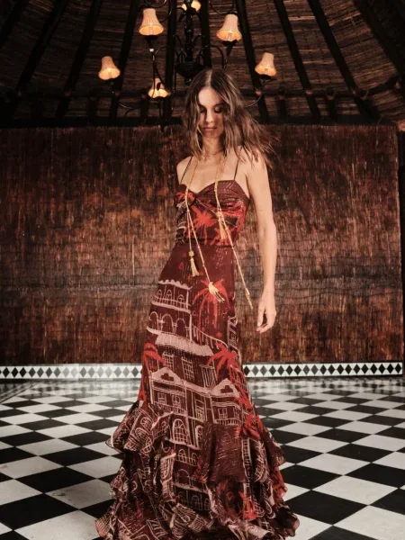Rochie maxi Johanna Ortiz cu volane de costum roșu