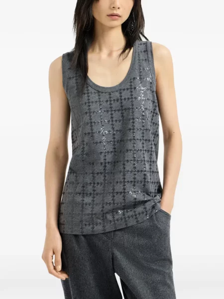 Top Brunello Cucinelli cu broderie din jerseu gri