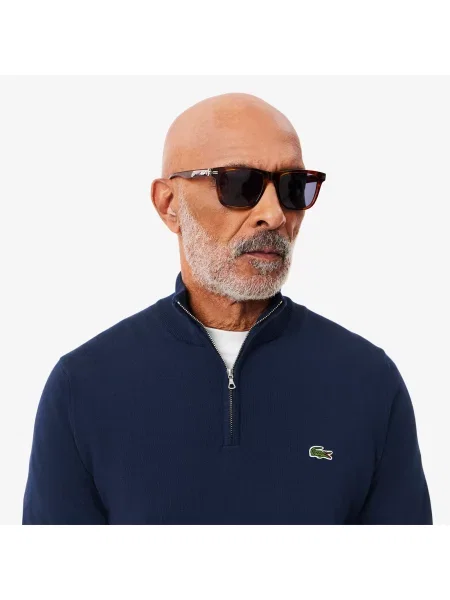 Lacoste Sweter Z Bawełny Organicznej Zapinany Na Pod Szyją granatowy