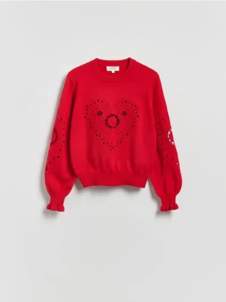 Reserved Sweter z ażurowym motywem czerwony