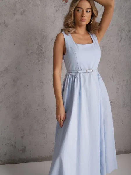 Bawełniano-Wiskozowa Sukienka na Szerokich Ramiączkach z Wąskim Paskiem Alcassa niebieska