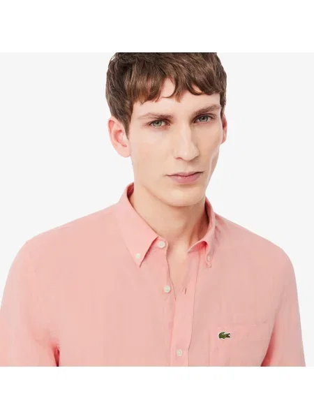 Lacoste Lniana Koszula Button-Down Regular Fit różowa
