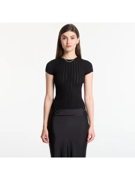 Tričko GUESS Ss Cn Rib Pointelle Mix Kara S Jet Black L černé