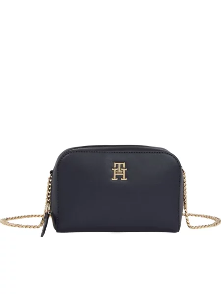 Lniana torebka crossbody Tommy Hilfiger niebieska