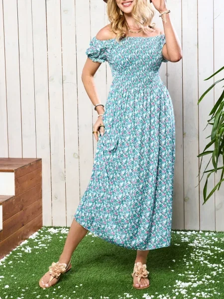 Rochie midi Resti cu model floral până la genunchi de costum alb