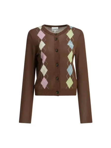 Kardigan Ganni z wzorem argyle brązowy