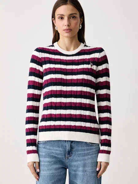 U.S. Polo Assn. sweter Stripe Crew Neck Cable biały
