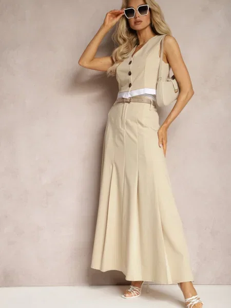 Fustă lungă evazată talie înaltă Leoraia bej
