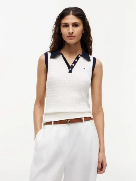 TOMMY HILFIGER Vyšívaný top slonová kosť / námornícka modrá