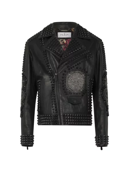Geanta de piele Philipp Plein cu broderie biker negru