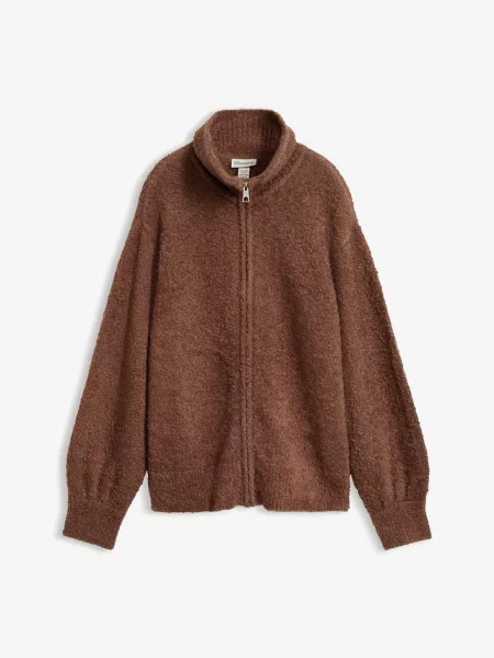 Sweter rozpinany z przędzy boucle brązowy