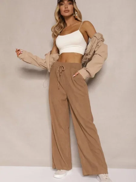 Ciemnobeżowe Spodnie o Szerokim Kroju High Waist z Wiązaniem w Pasie Ettianne beżowe