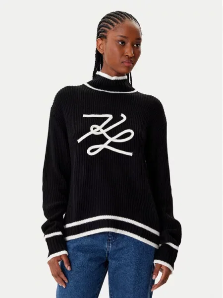 Sweter Karl Lagerfeld z logo wełniany pleciony czarny