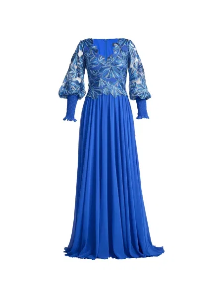 Rochie Tadashi Shoji cu model floral lungă de costum albastru