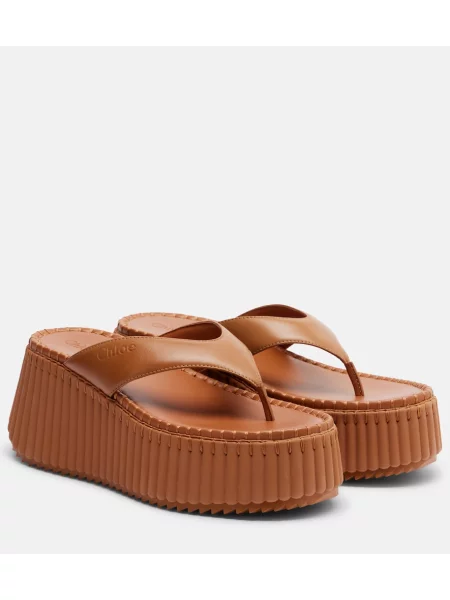 Chiloți tanga Chloé din piele cu platformă maro