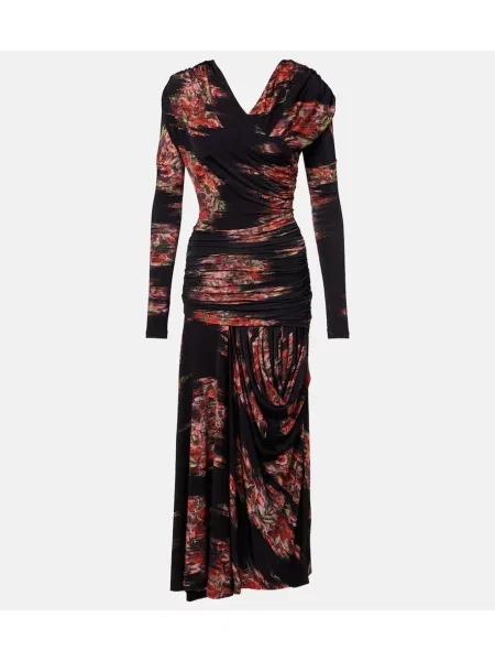 Rochie maxi Ganni cu model floral din jerseu de costum negru