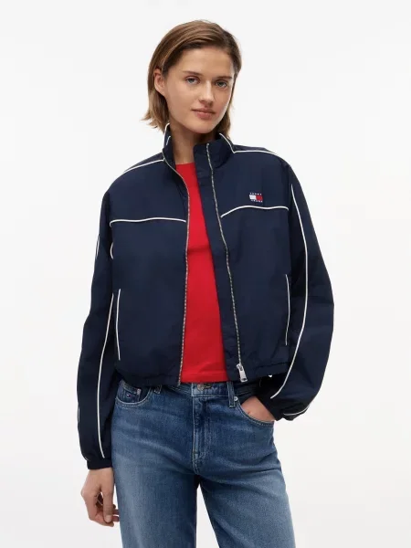 Tommy Jeans Prechodná bunda námornícka modrá / čerešňová biela