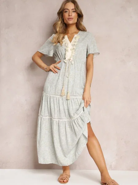 Rochie bleu deschis Boho cu ciucuri și decorațiuni ajurate Poniti albastru