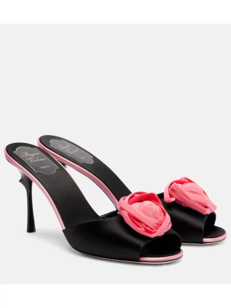 Papuci tip mules Roger Vivier din satin cu model floral negru