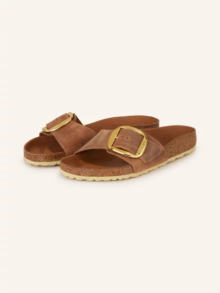 Klapki Birkenstock skórzane na sprzączkę na płaskim obcasie brązowe