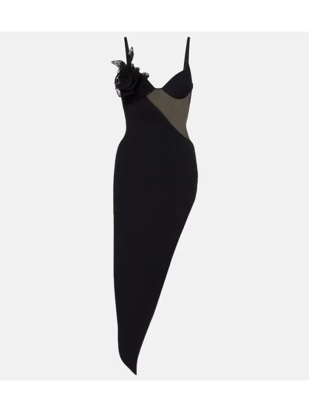 Rochie midi David Koma cu model floral asimetrică până la genunchi negru